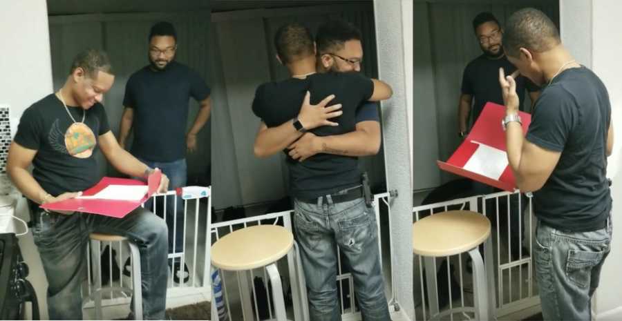 Son hugs stepfather after he asks him to legally adopt him so he can take his last name
