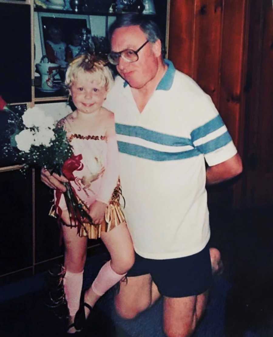 Woman who becomes an addict stands with father in dance recital costume when she was little