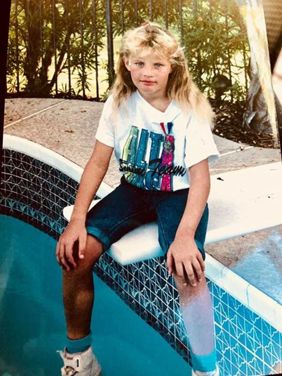 Woman who attempted suicide sits on diving board as a little girl
