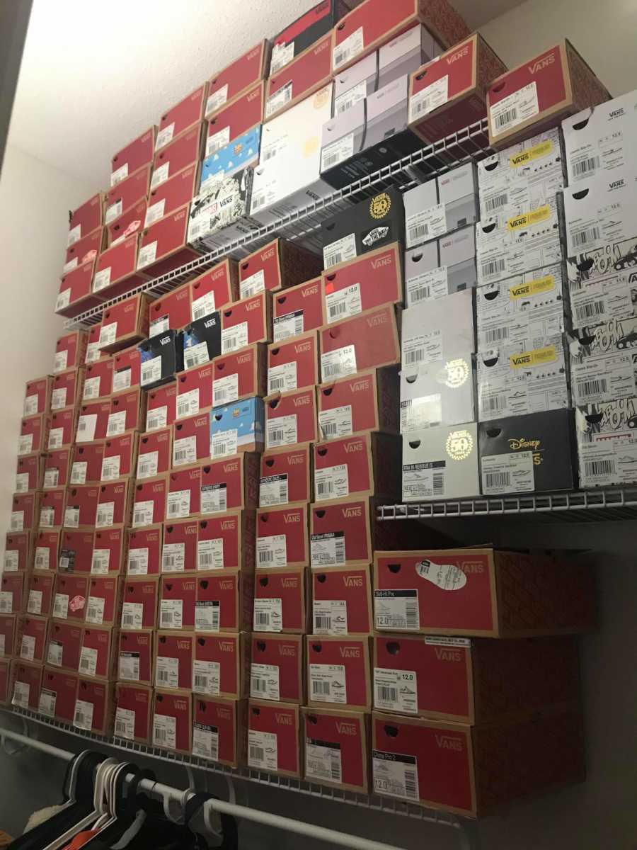 Wall of Van's shoe boxes teacher wears every day 