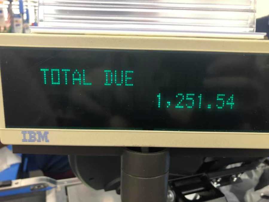 Screen at Walmart checkout that says, "Total Due 1,251.54" for items that will be donated to Hurricane Florence survivors