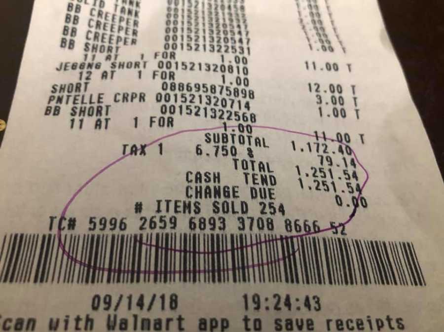 Walmart Receipt for items donated to Hurricane Florence survivors