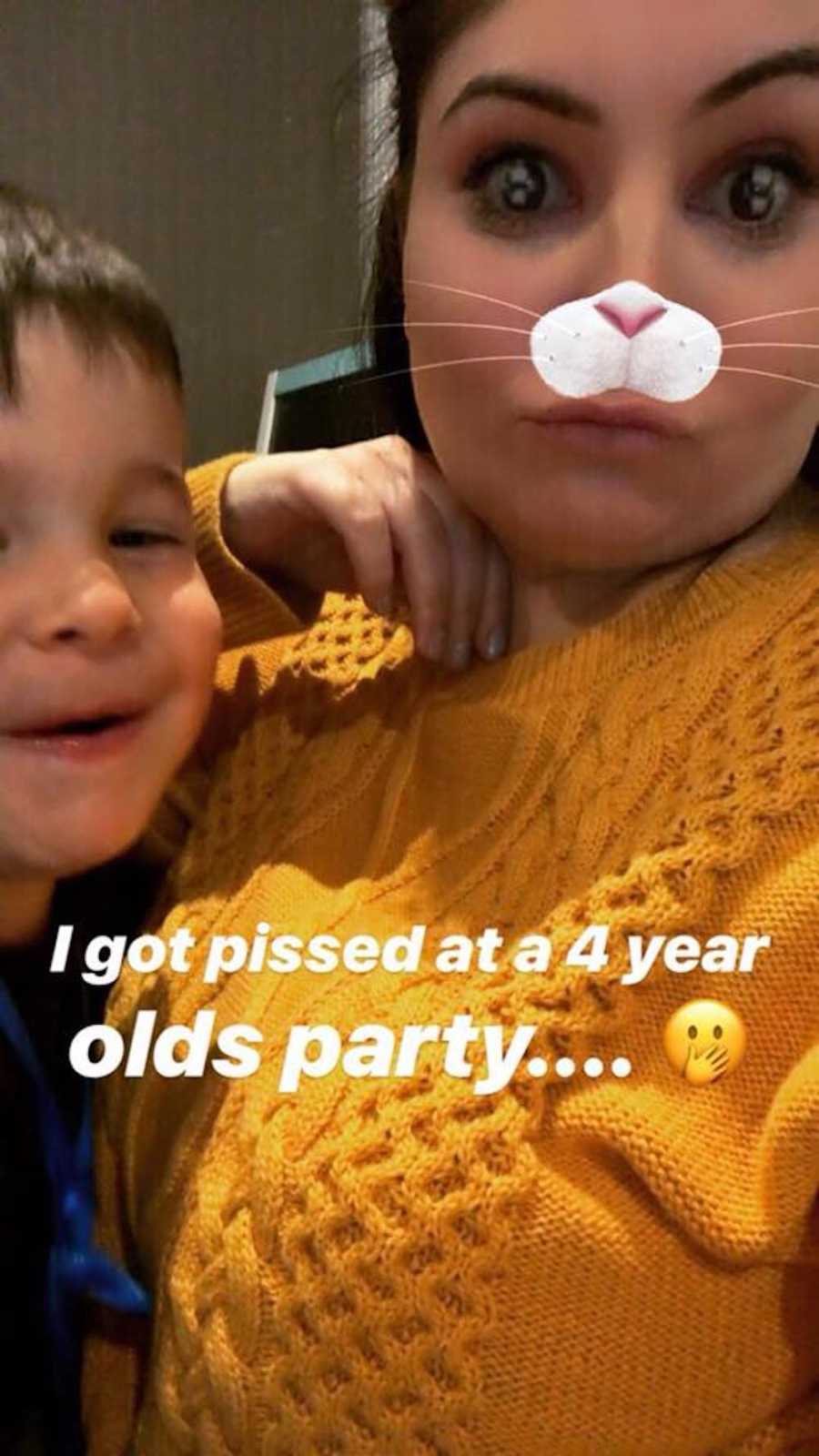 Mother takes selfie with son with rabbit nose filter with words that say, "I got pissed a a 4 year olds party"