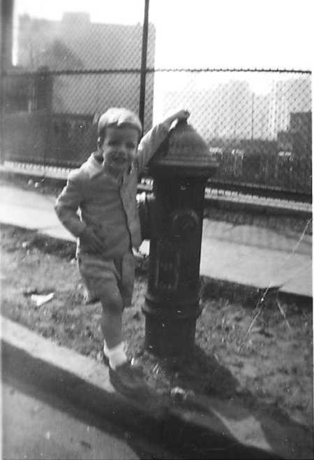 Little boy standing beside fire hydrant 