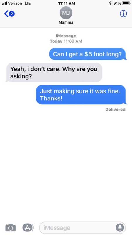 Screenshot of iMessage of daughter asking mom if she can get a $5 foot long
