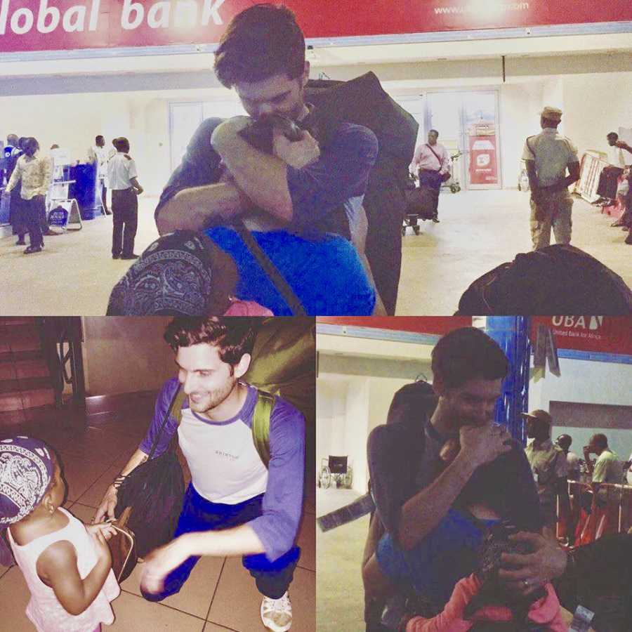 Collage of husband reuniting with his wife and adopted daughter at airport