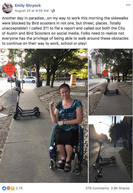 Screenshot of woman in wheelchair's facebook post who is upset by bird scooters that block sidewalk