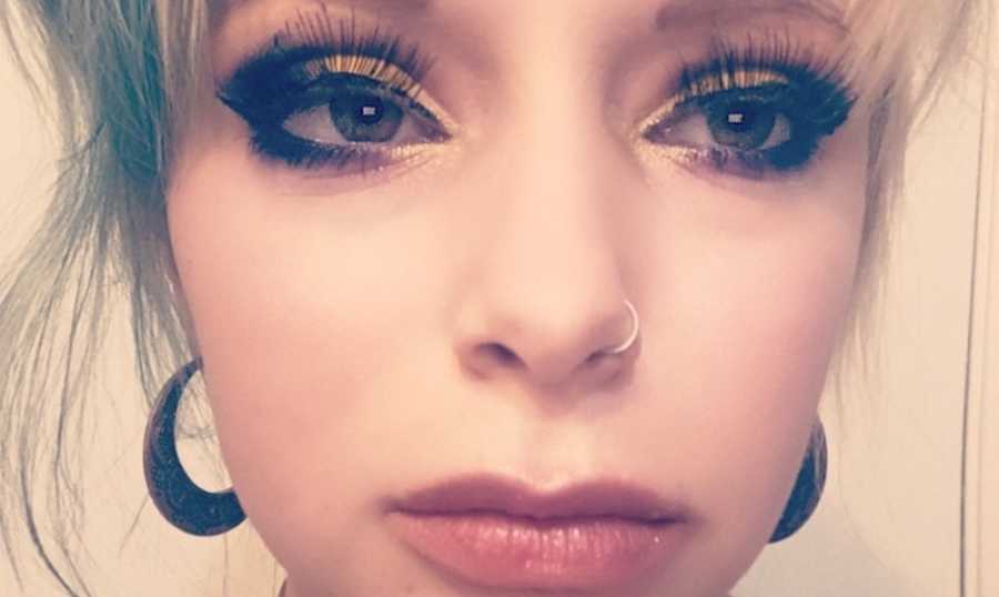 Closeup of woman with Cystic Fibrosis' full face of makeup