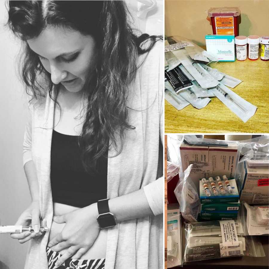 Collage of woman injecting IVF medicine into her stomach beside and boxes of medicine and pill bottles