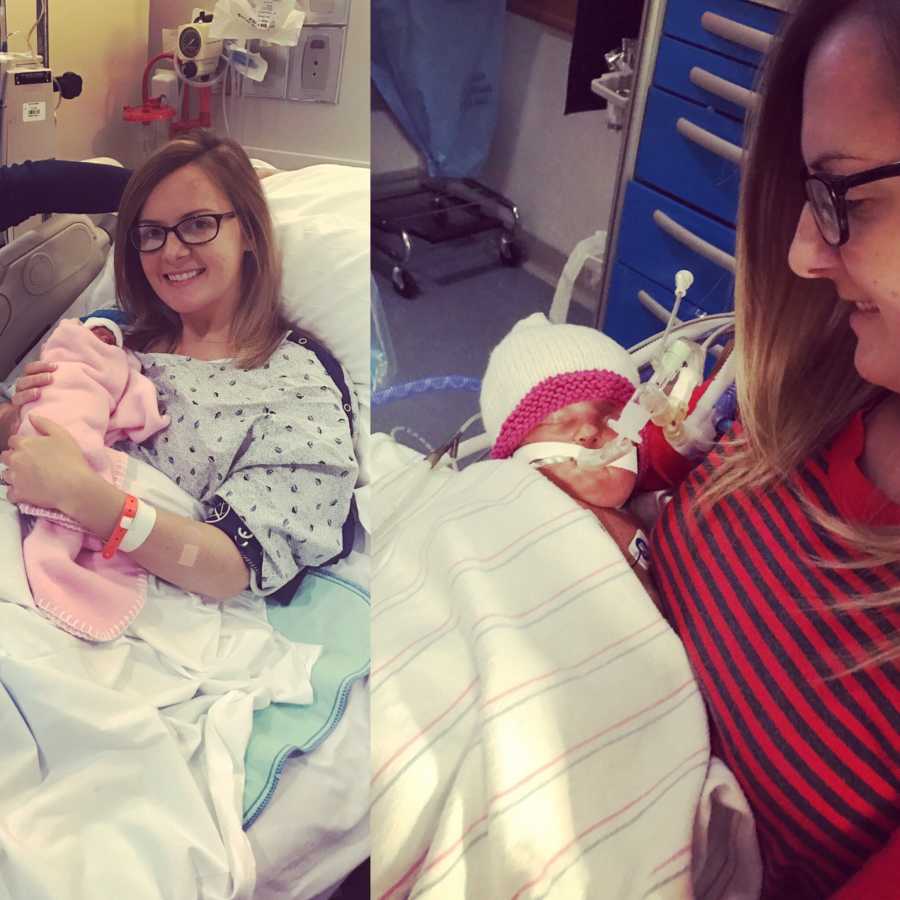 Mother holding newborn after giving birth beside her holding her newborn in NICU