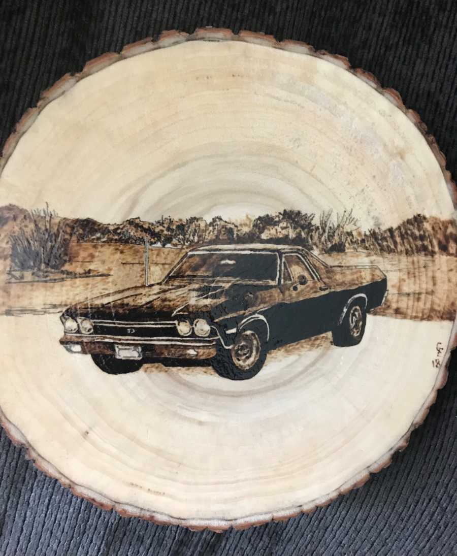 Wood burning creation of old car recovered alcoholic made