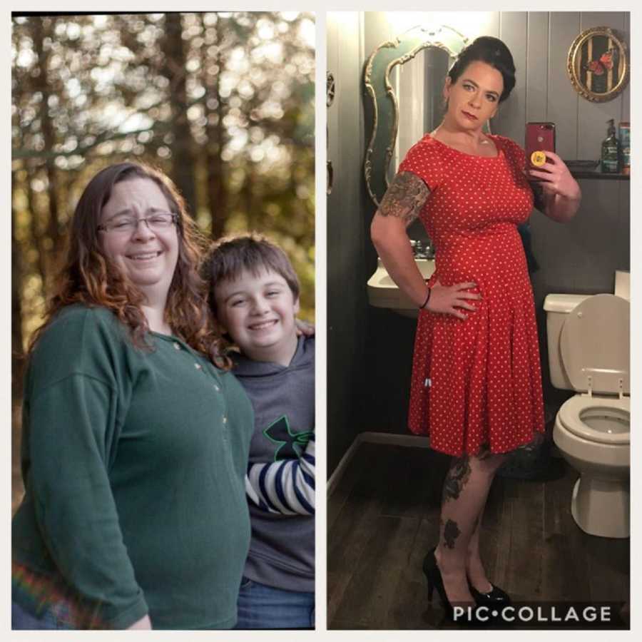 Side by side of mother smiling with her son before losing weight next to her in mirror selfie weighing less