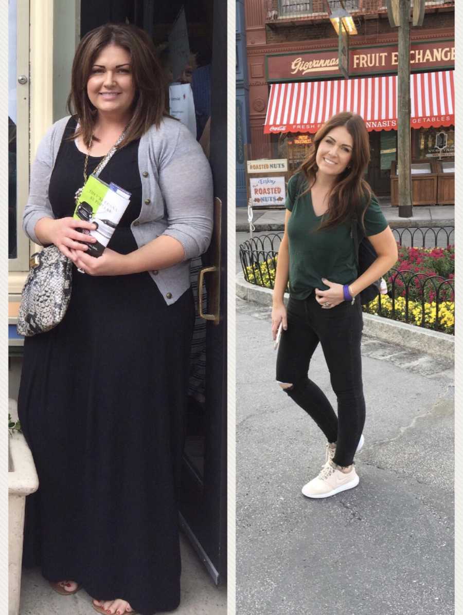 Side by side of woman before having kids and after with significant weight gain 