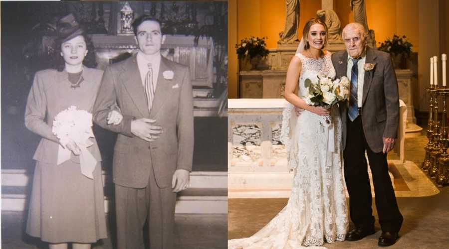 Side by side of grandfather with bride on his wedding day next to him standing with granddaughter on her wedding day