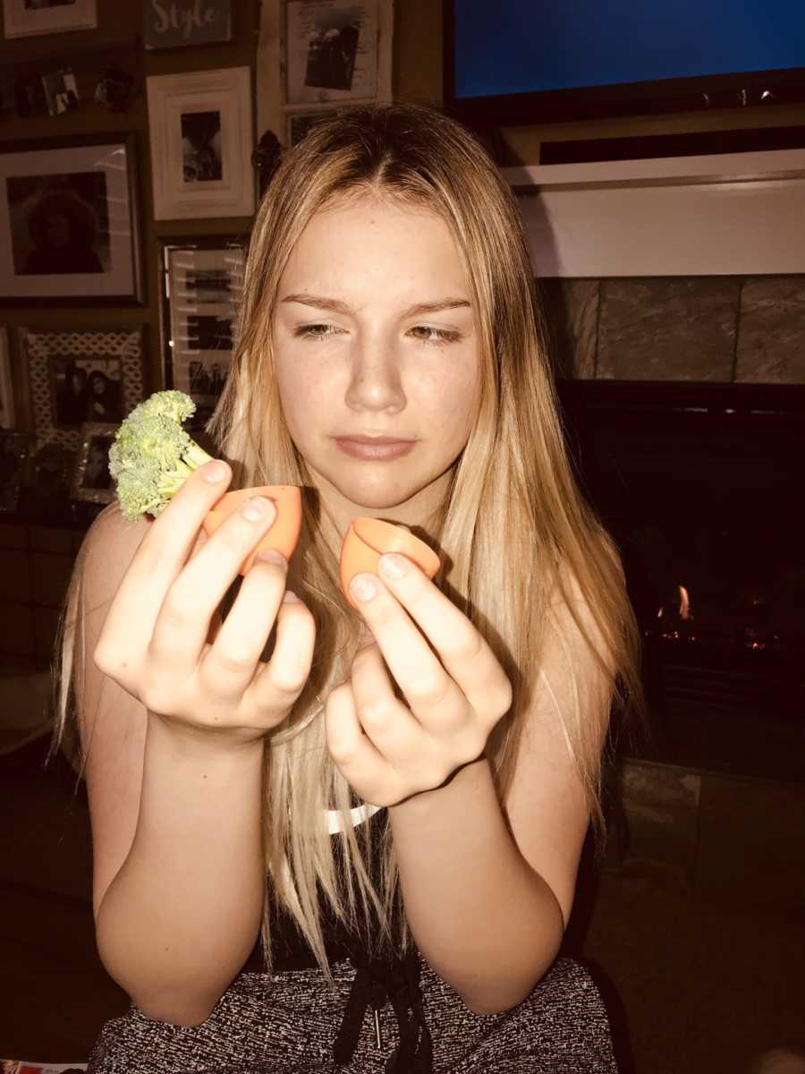 Daughter of widow mother opens Easter egg that has piece of broccoli in it 