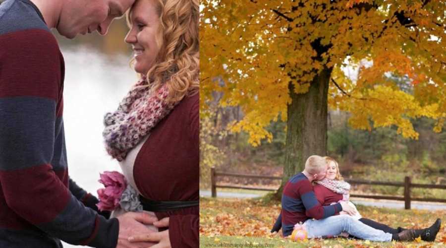 Side by side of husband holding pregnant wife's stomach beside pregnant wife sitting between husband's legs in grass