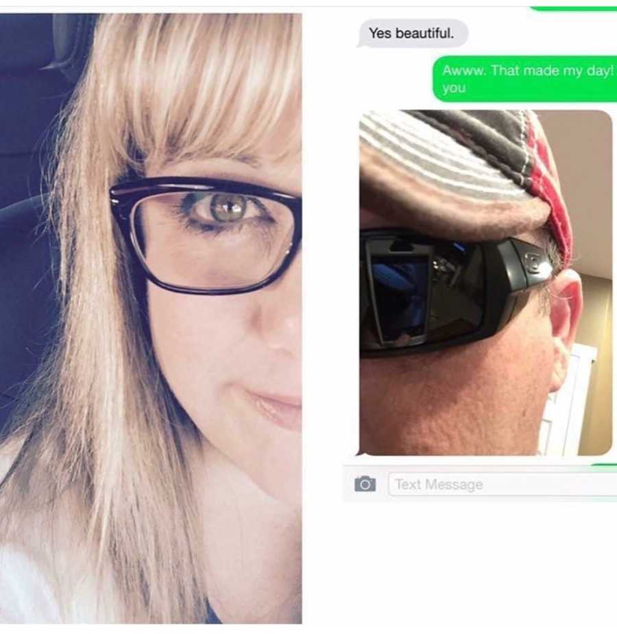 Screenshots of selfies sent over text of husband and wife