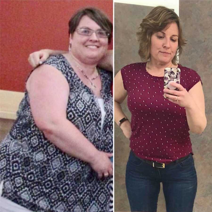 Image of woman smiling beside her taking mirror selfie after losing a lot of weight