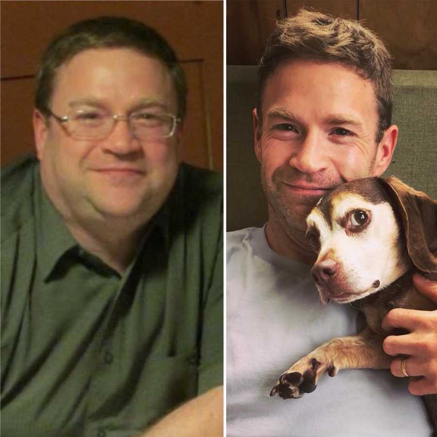 Before and after man lost weight with a dog in the after picture