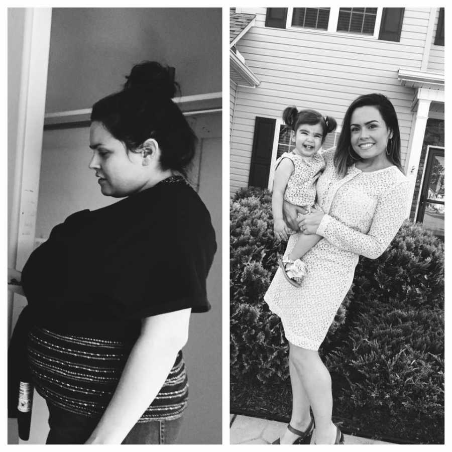 Side by side of pregnant woman and same woman holding toddler daughter after losing weight