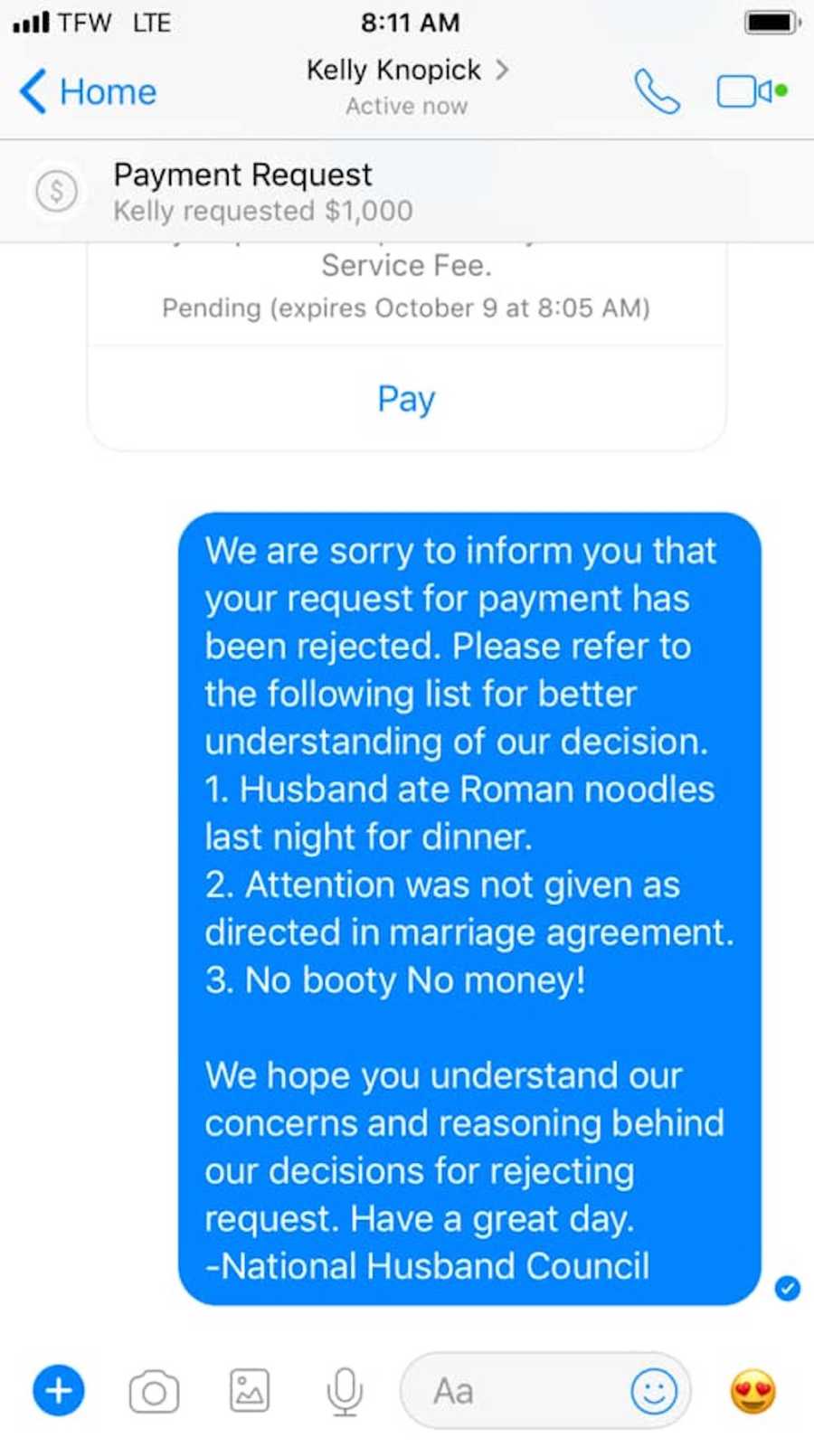 Screenshot of text wife sent husband requesting money for her wife service fees