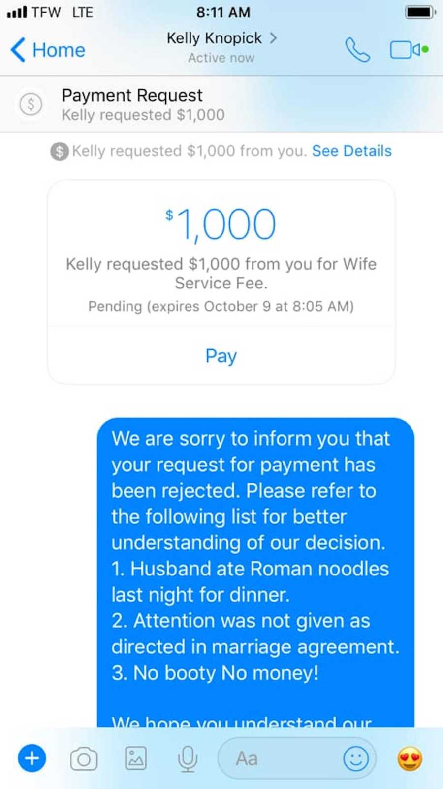 Screenshot of text between husband and wife who requests money for wife service fees