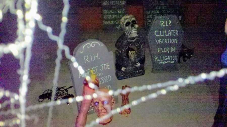 Fake graveyard in people's home for Halloween