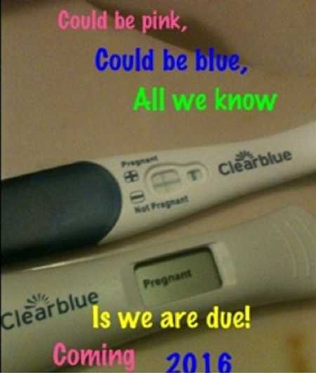 Image of two positive pregnancy tests beside words saying, "Could be pink, could be blue, all we know is we are due 