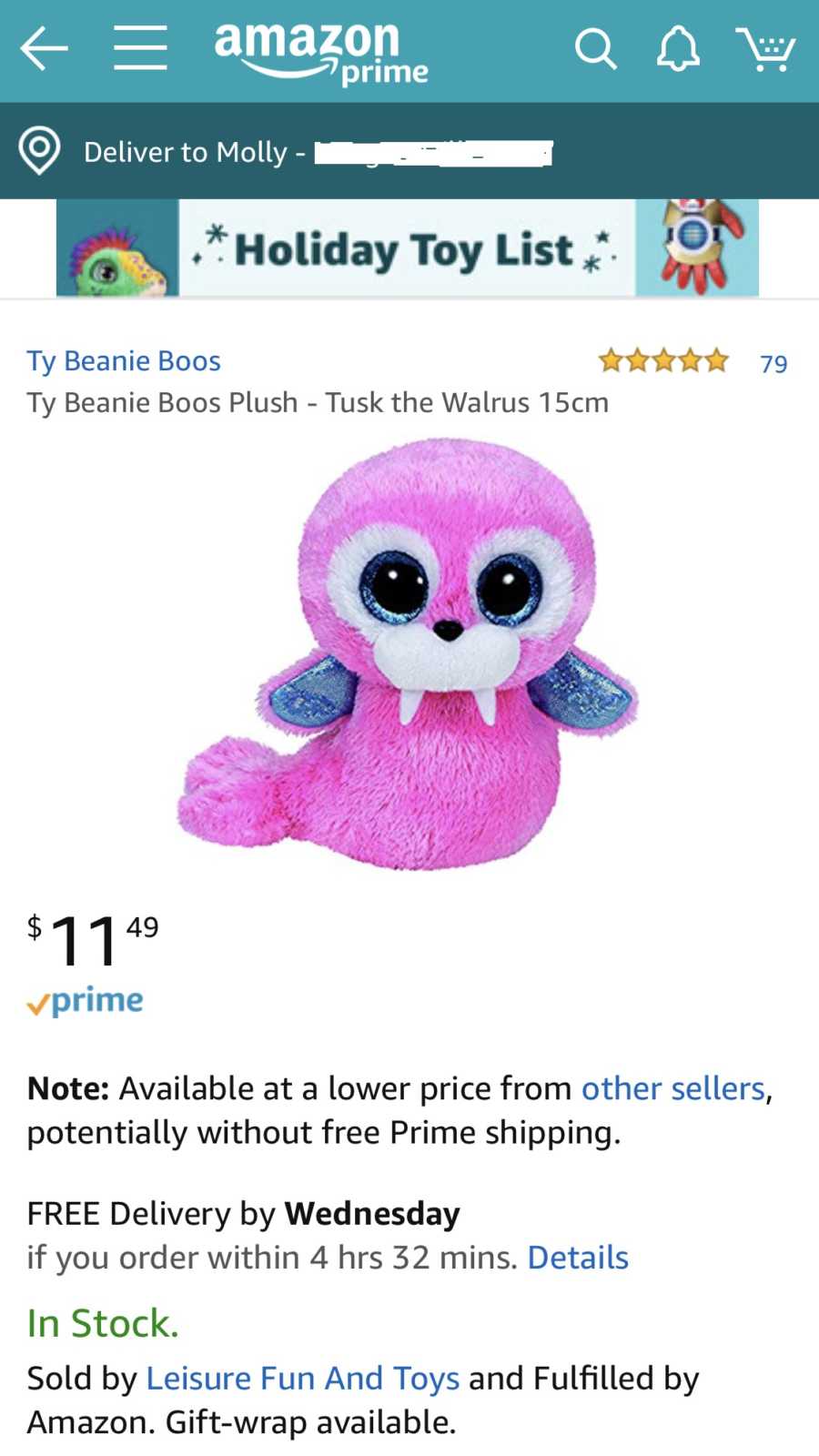 Screenshot of pink walrus on Amazon that mother buys after throwing her daughter's away