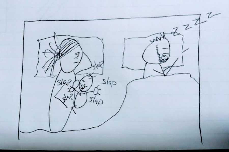 Drawing of wife awake next to stirring baby beside husband who is asleep