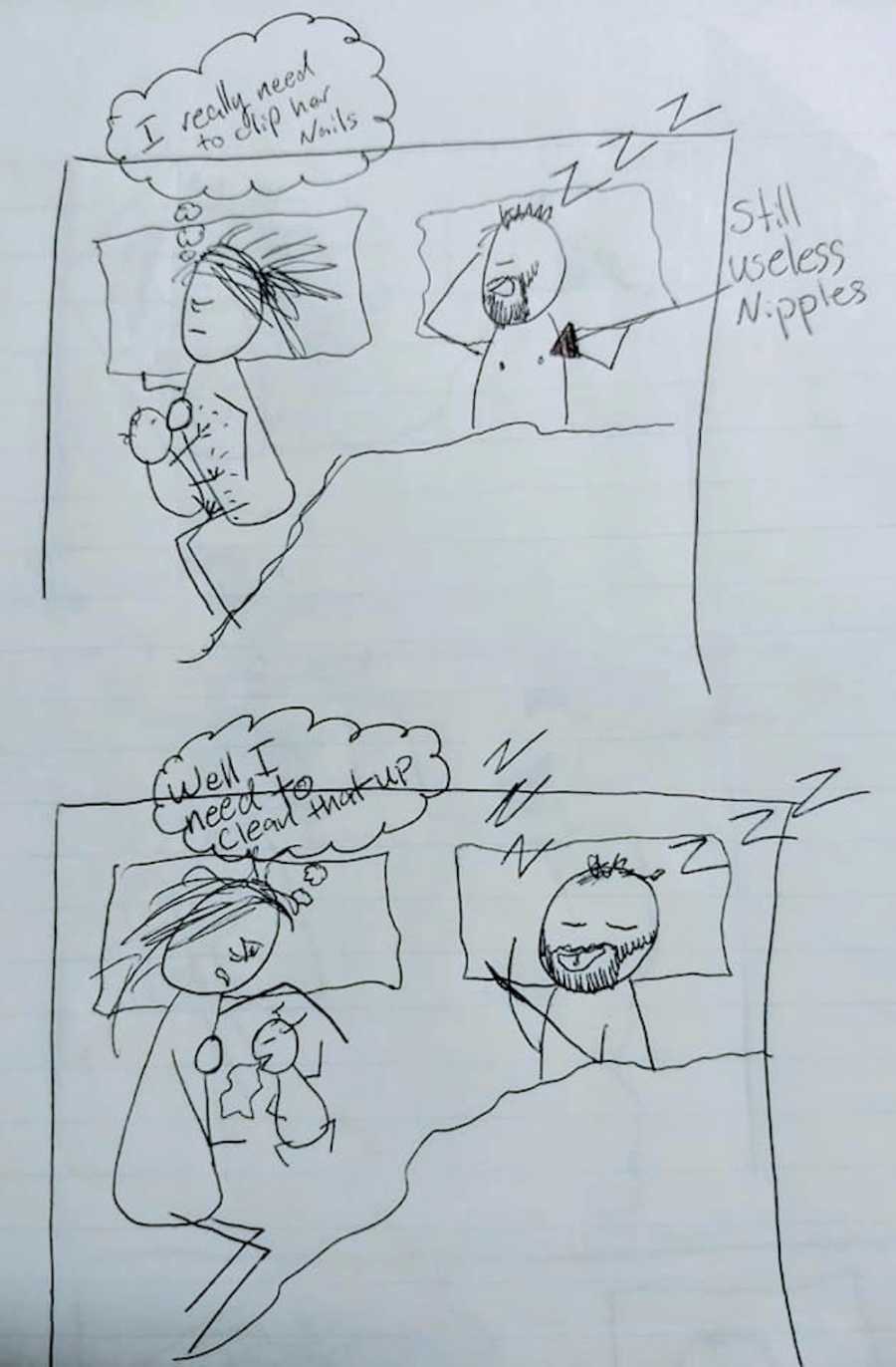 Drawing of baby scratching mom and throwing up while husband remains asleep