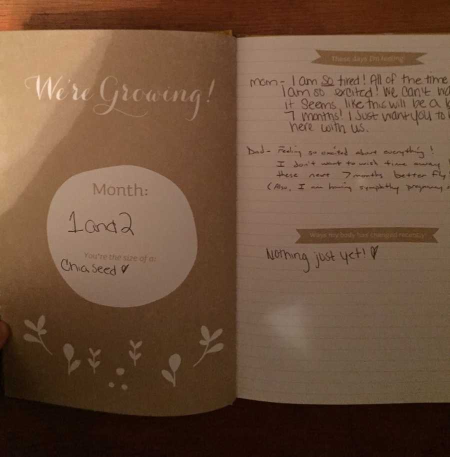 Journal for pregnant mothers opened to a page that says, "We're growing"