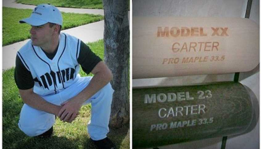 Side by side of man in baseball uniform beside his bats that have his name on them