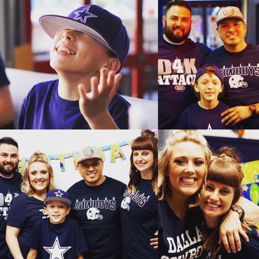 Collage of young boy in Dallas Cowboys attire with parents and stepparents 