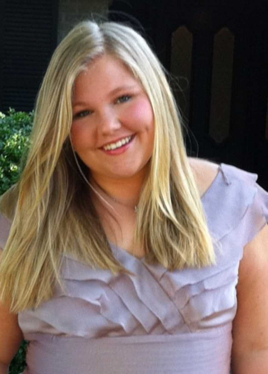Teen bullied for her weight smiles in purple ruffled dress