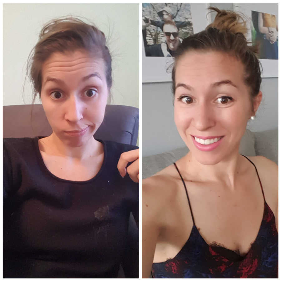 Side by side of mother in shirt with stain on it next to her in tank top and makeup