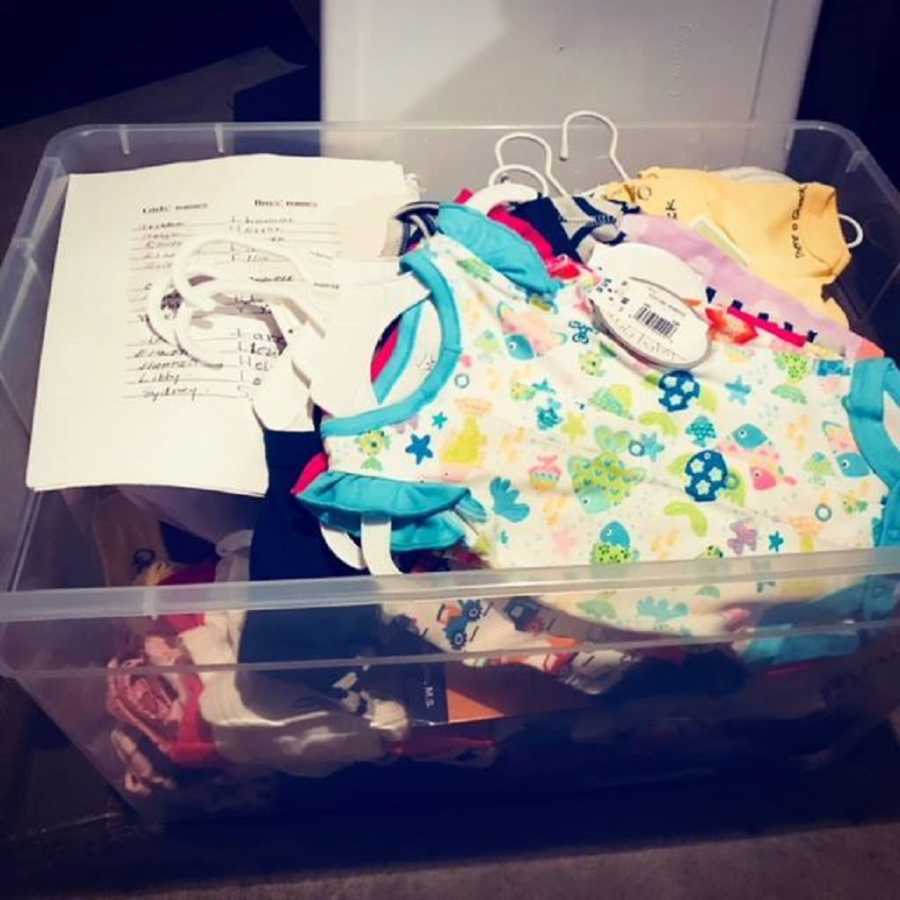 Plastic bin full of baby things for triplets and only two survived