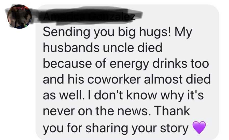Screenshot of text woman sent to wife whose husband died from drinking energy drinks