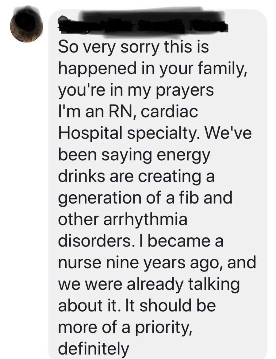 Screenshot of text woman whose husband passed away from drinking energy drink recieved 
