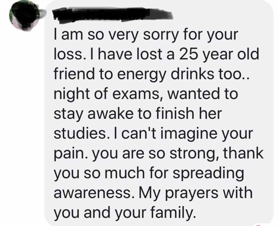 Screenshot of sympathy text woman received after her husband passed away from drinking energy drink