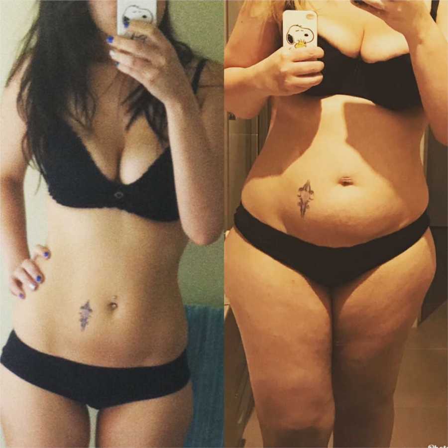 Side by side of woman's body before and after having children in mirror selfie