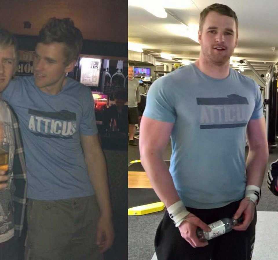 Man with body dysmorphia wearing same shirt before and after working out