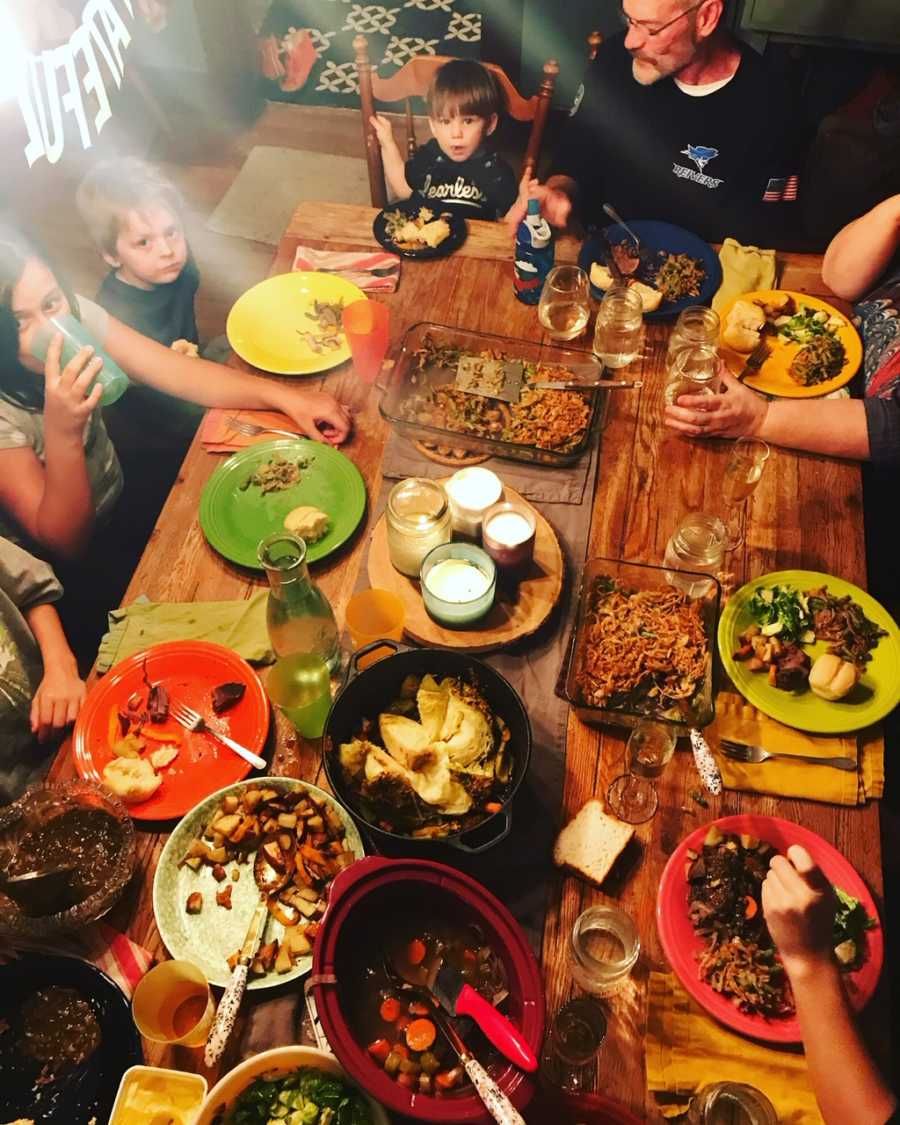 Aerial view of dinner table full of food for Thanksgiving