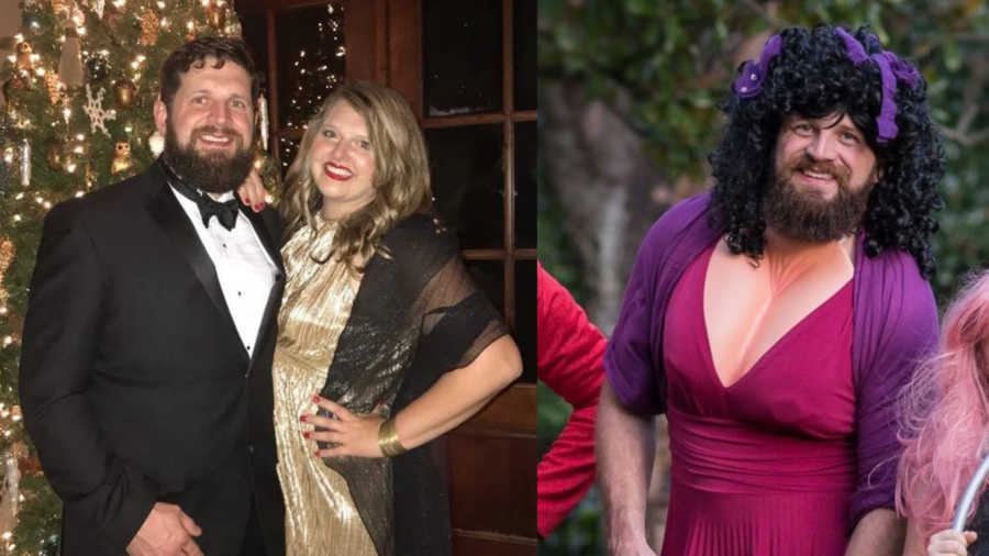 Side by side of husband and wife dressed for formal event beside him dressed as bearded lady