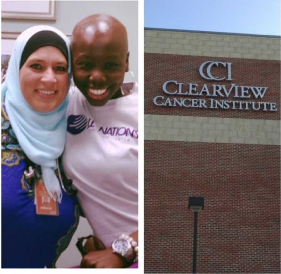 Collage of woman with breast cancer with nurse beside outside of hospital where she is getting treatment