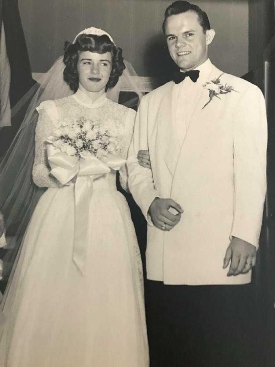 Wedding photo of bride and groom who are now elderly