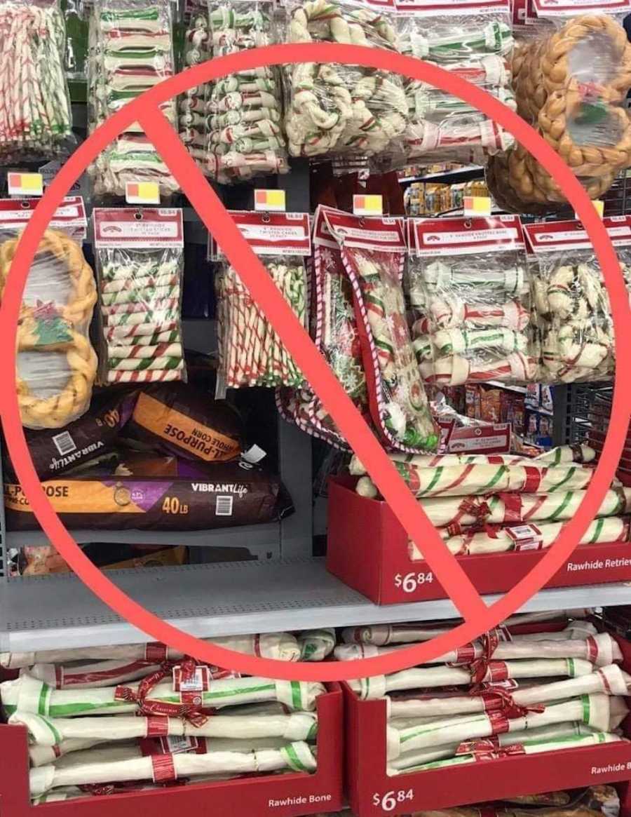 Christmas dog treats hanging in store with red cancel logo photoshopped in front of them