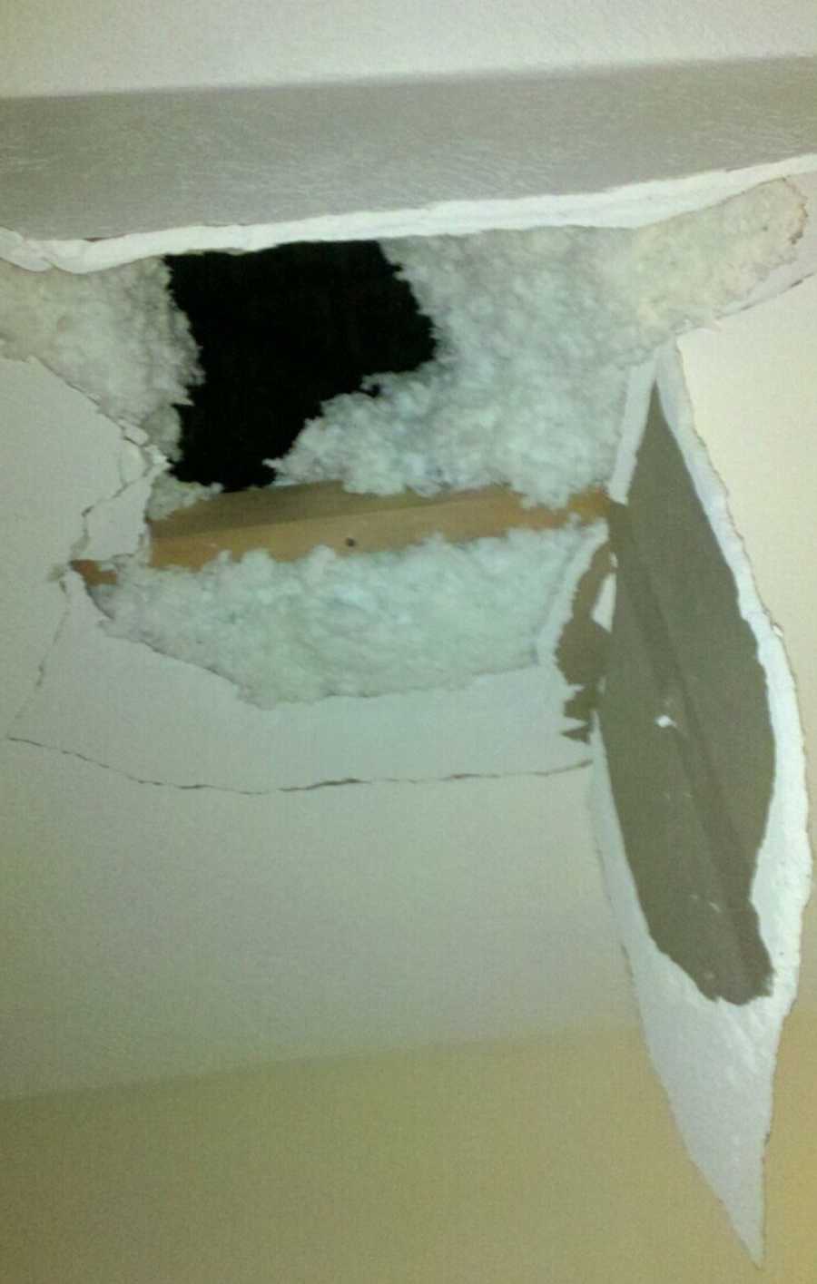 Hole in ceiling from kids jumping in attic