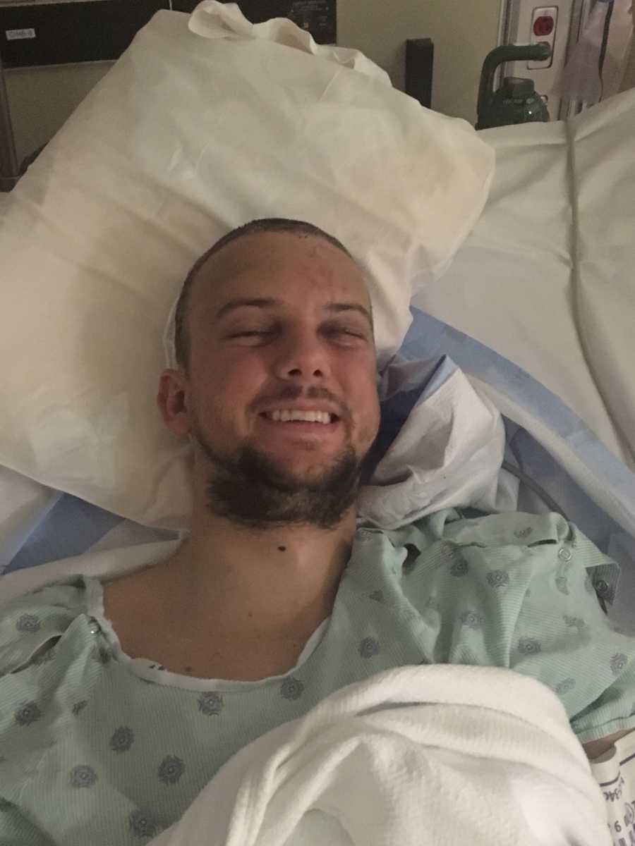 Man who was in car crash lays in ICU smiling