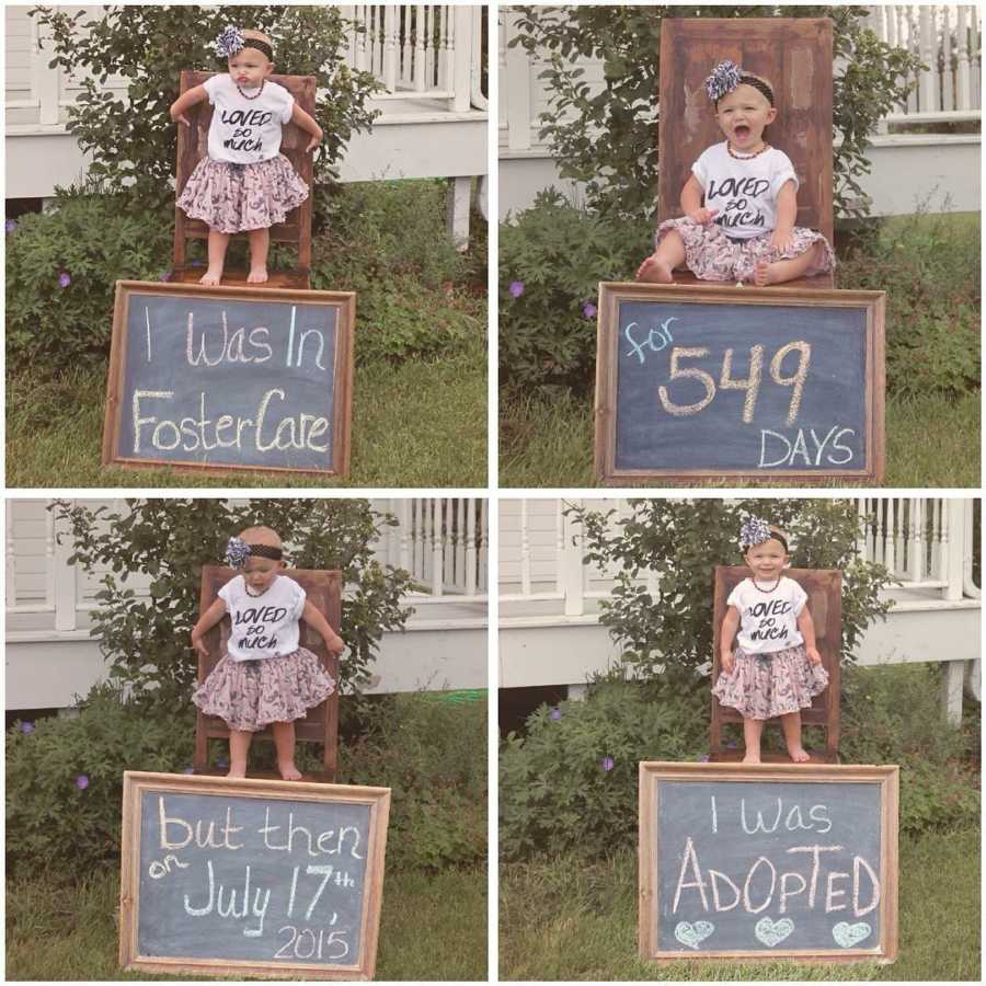 Collage of baby girl in foster care standing by chalk board that announces her adoption